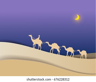 Men take a camels across the desert at night vector paper art paper cut illustration