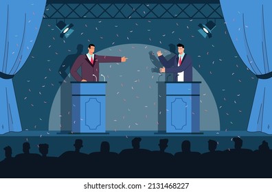 Men taking part in public debate flat vector illustration. Politicians in official suits having dispute or controversy in front of audience on stage, standing at rostrum. Politics concept