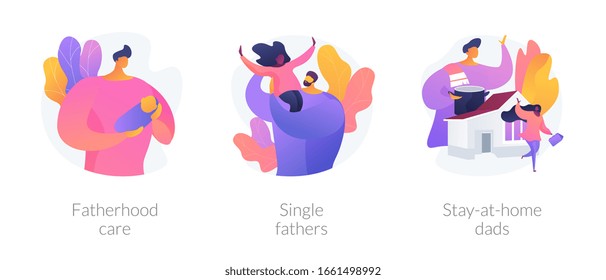 Men taking paternity leave metaphors. Caring single father, stay-at-home dad, parenting. Daddy spending time with kid. Fatherhood and childcare abstract concept vector illustration set.