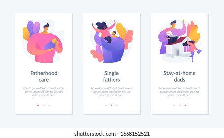 Men taking paternity leave metaphors. Caring single father, stay-at-home dad, parenting. Daddy spending time with kid. Fatherhood and childcare vector icon set for website app UI.
