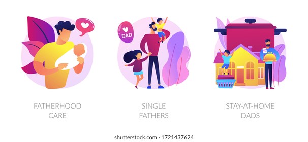 Men taking paternity leave metaphors. Caring single father, stay-at-home dad, parenting. Daddy spending time with kid. Fatherhood and childcare abstract concept vector illustration set.