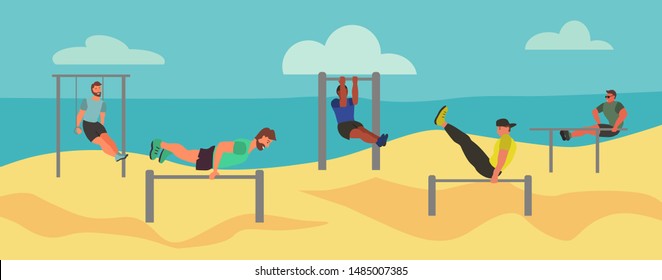 Men taking physical activity  on the Beach. Training, street workout, exercises. Active sports on Seaside on the playground. Flat style vector illustration.