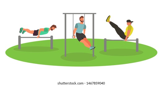 Men taking physical activity in outdoor park. Training, street workout, exercises. Active sports in a city park on the playground. Flat style vector illustration.