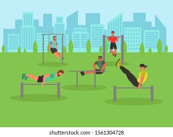 Men taking physical activity in outdoor park. Training, street workout, exercises. Active sports in a city park on the playground. Flat style vector illustration.