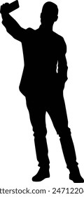 Men taking selfie silhouette illustration. Adult self photo pose. People selfie full body in black color.