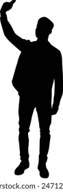 Men taking selfie silhouette illustration. Adult self photo pose. People selfie full body in black color.