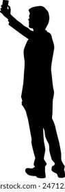 Men taking selfie silhouette illustration. Adult self photo pose. People selfie full body in black color.