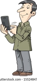 Men are taking selfies on smartphone.