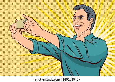 Men  are taking selfies on smartphones. photos in social networks media. Pop Art Vector Illustration.