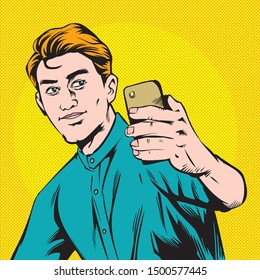 Men are taking selfies on smartphones. photos in social networks media. Pop Art Vector Illustration.