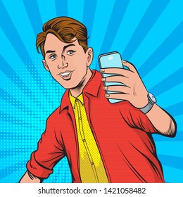 Men are taking selfies on smartphones.Selfie photos in social networks media. Pop Art Vector Illustration.