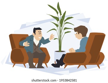 Los hombres hablan mientras están sentados en sillones. Los colegas de trabajo están discutiendo el problema. Comunicación de amigos. Concepto de ilustración para el desarrollo de sitios web móviles y de Internet.