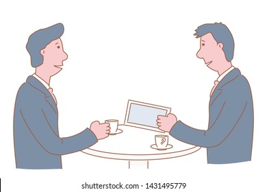 Men is talking about working in the company during a coffee break. Hand drawn style vector design illustration
