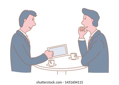 Men is talking about working in the company during a coffee break. Hand drawn style vector design illustration