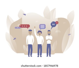  Men are talking. People with text bubble. Vector illustration with Web communication idea for business, start up, marketing, telework, remote working and freelancing concept