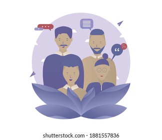  Los hombres están hablando. Gente con burbuja de texto. Ilustración vectorial con idea de comunicación web para empresas, start-ups, marketing, teletrabajo, trabajo a distancia y concepto de freelance