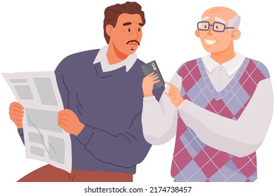 Hombres hablando juntos discutiendo noticias de periódicos. Conocimientos o amigos que comunican información por teléfono. Dos personajes masculinos adultos se reúnen y hablan. Personas charlando, discutiendo
