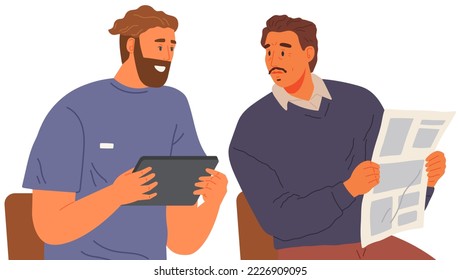 Men talking together discussing newspaper news. Acquaintances or friends communicating. Two male characters with tablet pc or phone and magazine meeting and speaking. Persons chatting, arguing