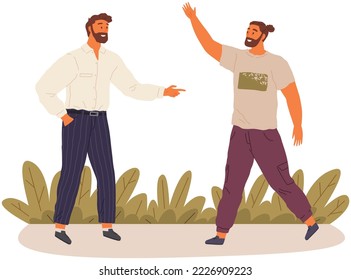 Männer sprechen miteinander. Männliche Freunde stehen und kommunizieren. Zwei junge männliche Figuren treffen sich und sprechen, einzeln auf weißem Hintergrund im Garten. Personen, die chatten