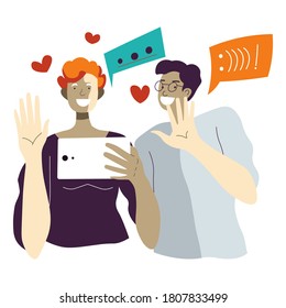 Hombres hablando por video chat con amigos o familiares. Adolescentes que usan smartphone o tablet para hablar con los más queridos y más cercanos. Conversación en línea, mano ondulada de personajes, vector de estilo plano