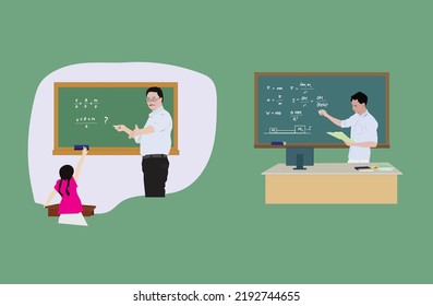 Men teach, the teacher explains what is on the blackboard