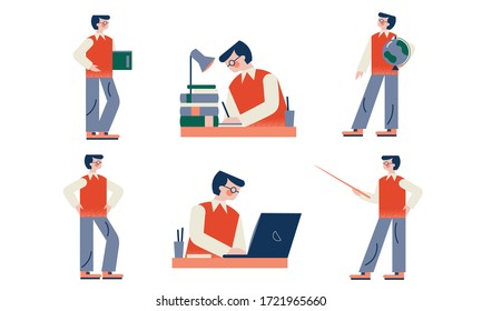 Men teachers during lessons at school explaining material vector illustration