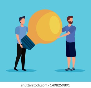 men teamwork with bulb idea report