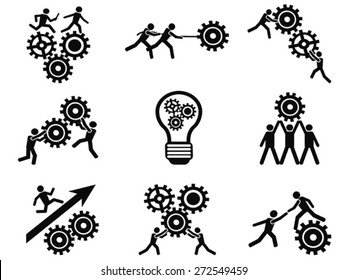 men teamwork gears pictogram icons set