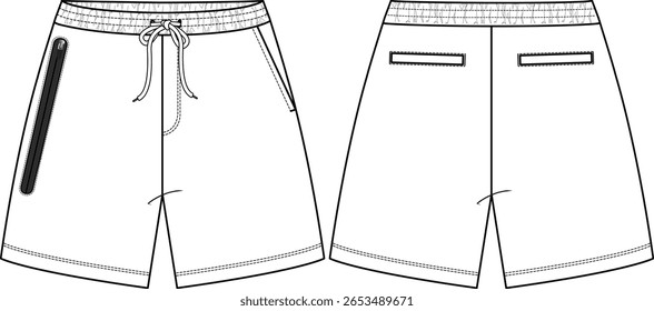 Men tech fleece pull-on short with black zipper pocket on front right side, welt pockets at back, drawcord at waist, elastic waistband, front and back vector, illustration, activewear clothing
