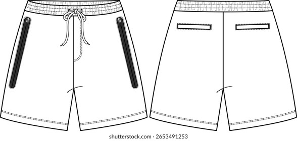 Men tech fleece pull-on short with black zipper pockets at front, welt pockets at back, drawcord at waist, elastic waistband, front and back vector, illustration, activewear clothing