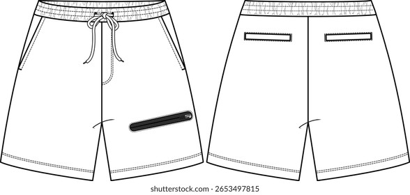 Men tech fleece pull-on short with black zipper pocket on wearer left side leg, welt pockets at back, drawcord at waist, elastic waistband, front and back vector, illustration, activewear clothing