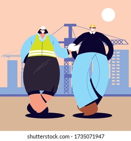 men technicians and engineers with face mask, safety and prevention vector illustration design