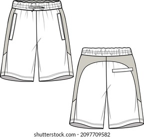 MEN AND TEEN BOYS BOTTOM WEAR SPORTY SHORTS WITH PRINT FRONT AND BACK FLAT FASHION SKETCH VECTOR