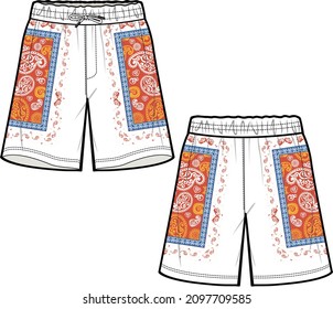 MEN AND TEEN BOYS BOTTOM WEAR SPORTY SHORTS WITH PRINT FRONT AND BACK FLAT FASHION SKETCH VECTOR