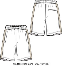 MEN AND TEEN BOYS BOTTOM WEAR SPORTY SHORTS WITH PRINT FRONT AND BACK FLAT FASHION SKETCH VECTOR