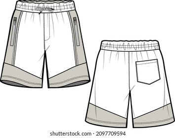 MEN AND TEEN BOYS BOTTOM WEAR SPORTY SHORTS WITH PRINT FRONT AND BACK FLAT FASHION SKETCH VECTOR