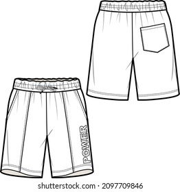 MEN AND TEEN BOYS BOTTOM WEAR SPORTY SHORTS WITH PRINT FRONT AND BACK FLAT FASHION SKETCH VECTOR