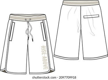 MEN AND TEEN BOYS BOTTOM WEAR SPORTY SHORTS WITH PRINT FRONT AND BACK FLAT FASHION SKETCH VECTOR