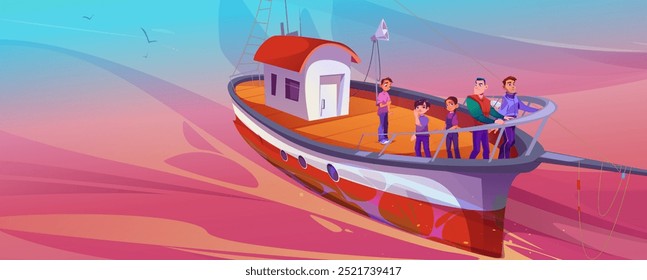 Men and teen kids tourists on fishing boat in sea or ocean on sunrise or sunset. Cartoon vector family or friends trip along river on fisher ship. Passengers traveling on yacht.