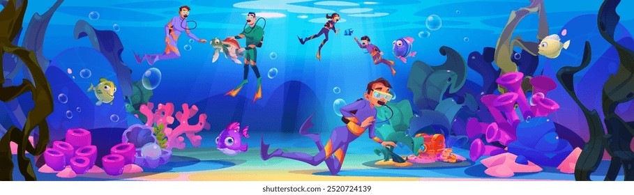 Hombres y niños adolescentes en trajes de neopreno y snorkel buceando bajo el agua con tortugas y peces, algas y corales tropicales brillantes, cofre del tesoro en el mar o fondo arenoso del océano. Vector de dibujos animados paisaje marino.