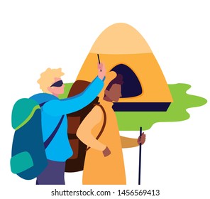 men with tent camping hiking