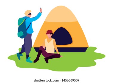 men with tent camping hiking