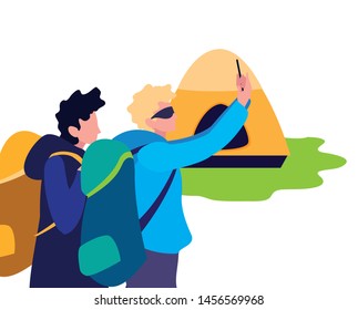 men with tent camping hiking