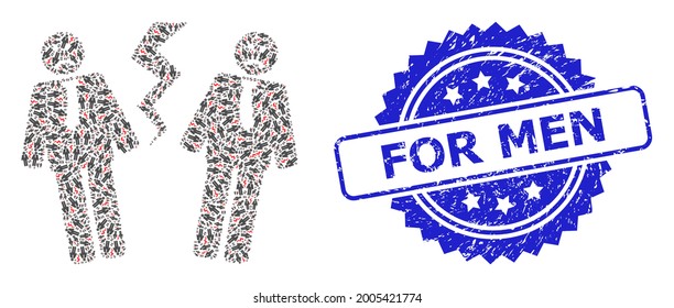 Para los hombres textura sello de sellado y mosaico fractal vector conflicto de hombres de negocios. El sello azul contiene la leyenda For Men dentro de la roseta.