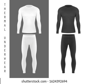 Men thermal underwear, baselayer long sleeve top shirt and pants, vector mockup templates. Black and white thermal underwear set, winter and ski clothing, sportswear apparel front view