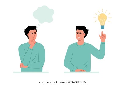 Men think with think bubble symbol and happy man pointing up on Light bulb representing idea, solution in the thought bubble. Trendy person thinking, gesturing or showing index finger.