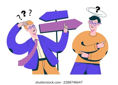 Men thinking where to go. Confusing businessmen or students making a choice between two opposite sides. Choosing concept. Vector illustration