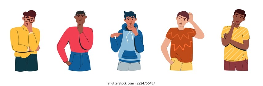 Los hombres son reflexivos en dudas y pensamientos. La gente confundida se preocupa con una expresión seria en su cara. Ilustración del vector blanco aislado 