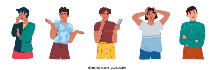 Los hombres son reflexivos en dudas y pensamientos. La gente confundida se preocupa con una expresión seria en su cara. Ilustración del vector blanco aislado 