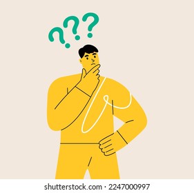 Men in thoughts, pondering, wondering. Uncertain confused persons. Colorful vector illustration